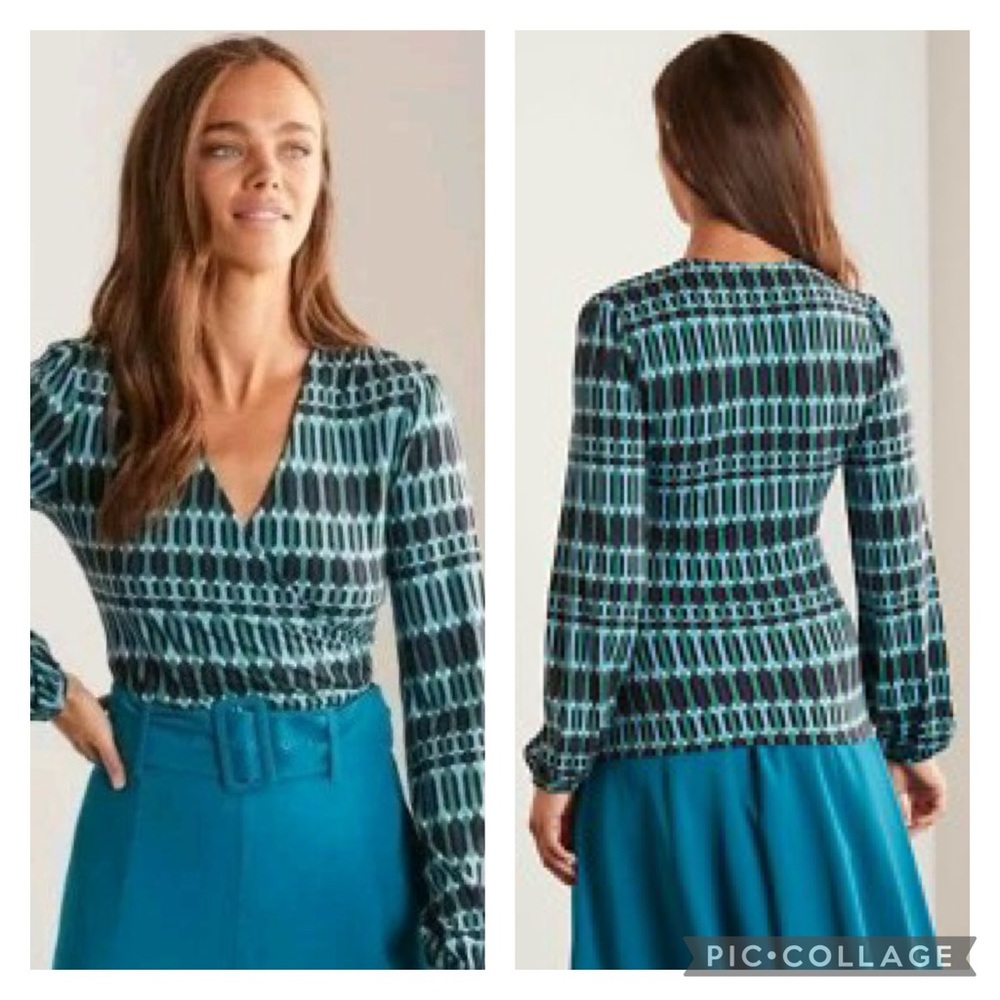 EUC Boden Amelia Blue Green Faux Wrap Long Sleeve Blouse